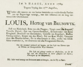 Invitation to the funeral of the Duke of Brunswick, 1784, text sheet, Fictitious invitation to