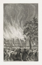 Fire in the National Naval Storehouse in Amsterdam, 1791, print, historical print, Great fire in