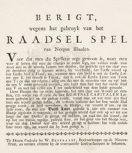 Notice regarding the use of the Nine-Leaf Riddle Game, Riddle game, ca. 1765, text sheet, game,