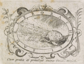 Turtle in an oval frame, print, printer's mark, An oval frame with a turtle in a landscape and the