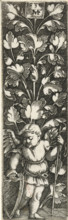Flat decoration with leaf tendrils, print, ornamental print, At the bottom stands a putto with