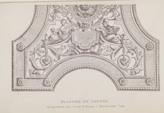 Photo reproduction of a drawing depicting part of the ceiling of the Musée du Louvre in Paris,