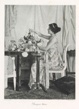 Flower arranging woman in an interior, Bouquet blanc, page, photomechanical print, photographer: