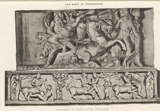 Two details of reliefs, depicting Pluto and Proserpine and a battle between fauns and centaurs, The