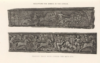 Sculpture - The games in the circus. Chariot-race with cupids the meta etc, Two reliefs of