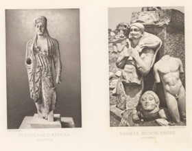 Priestess of Athena, Hermes Moschophore, Sculpture of a priestess of Pallas Athena and a sculpture