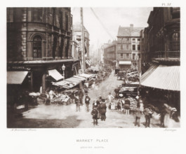 View of Market Place in Manchester, Market Place, looking north, page, photomechanical print,