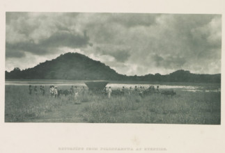 Tour group with bullock carts in Minneriya, Sri Lanka, page, photomechanical print, title: