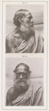 Two portraits of an old Todaman, page, photomechanical print, Above a profile photo, below a front