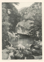 La Pentica, Two men before the Pentica Gorge in Corsica, page, photomechanical print, photographer: