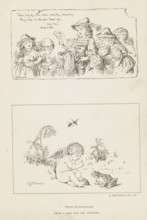 Two photoreproductions of drawings, depicting a street vendor and a putto with a frog,
