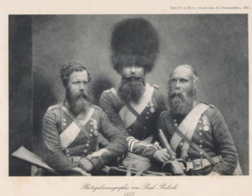 Portrait of three unknown men in uniform, page, photomechanical print, number: 'Tafel IV',