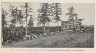 Exterior of a hunting hut in Siberia, Sibirische Jägerhütte, page, photomechanical print,