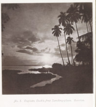 View of a beach with palm trees at sunrise on Tahiti, Captain Cook's first landing-place. Sunrise,