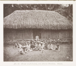 House at Mahaena, and Native Children.Tahiti, House in Mahaena with children from Tahiti in front