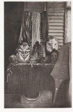 Masks and a paddle in Tahiti, Various masks, paddle, &c., page, photomechanical print, number: 'No.