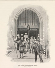 Pred vchodem do pavilonu turistuv ceských, Photo reproduction of a drawing depicting a view of the