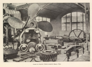 Pohled do strojovny. Výstava závodu F Ringhoffra na Smichove, Interior of an engine room with an
