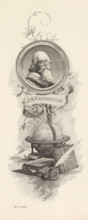 Photo reproduction of a drawing, depicting a portrait of Jan Amos Comenius above a globe and books,