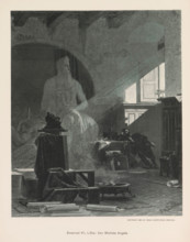 Photo reproduction of a painting depicting Michelangelo in his studio, Emanuel Kr. Liska: Sen