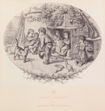 Photo reproduction of a drawing of children playing outside, Ernst & Scherz, reproduction, page,