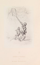 Photo reproduction of a drawing of three children trying to retrieve a kite from a tree, Ernst &