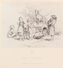 Photo reproduction of a children's drawing in front of a doghouse with a barking dog, Ernst &