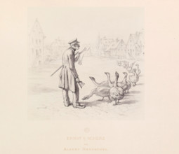 Photo reproduction of a drawing of a man with a newspaper and a bell and a flock of geese in front