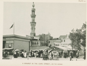 View of a replica of a street from Cairo with a minaret at the World's Columbian Exposition in