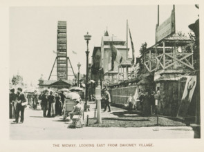 View of a street with national pavilions and a Ferris wheel at the World's Columbian Exposition in