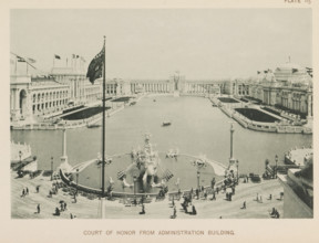 View of the central plaza of the World's Columbian Exposition in Chicago in 1893 with a large pond
