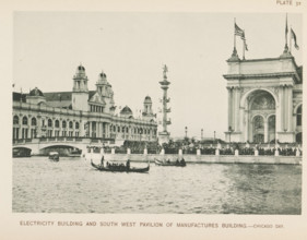 Electricity Building and south west pavilion of Manufactures Building.- Chicago day, View of the