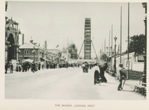 The Midway, looking west, View of a street with national pavilions and a Ferris wheel at the