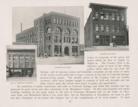 Photomontage of three buildings in Colorado Springs, page, photomechanical print, photomontage,
