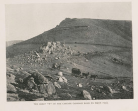 View of Pikes Peak and two carriages, The great W on the the cascade carriage road to Pike's Peak,