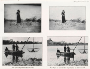 Two variations of two photos, one of an unknown woman in the dunes and one of unknown men on a