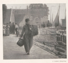 Man with two baskets in hand on a quay, page, photomechanical print, photographer: Elias Gottheil,