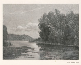 Landscape with river, page, photomechanical print, monogram: 'AG', photographer: Hans Watzek,
