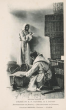 Two monks with wicker baskets and a bottle, page, photomechanical print, inscription: 'Gravure