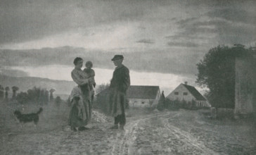 Feierabend, Landscape with farm and family, page, photomechanical print, monogram: 'BX',