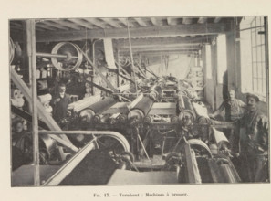 View of a workshop with brushing machines in a paper factory in Turnhout, page, photomechanical