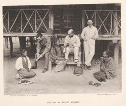 The way we learned Burmese, Three men with books and three women from Burma in front of a house,