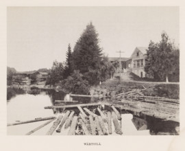 View of tree trunks in the water and houses around the water, Wärtsilä, page, photomechanical