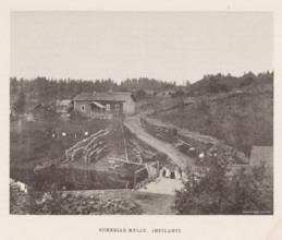 View of a path through a hilly landscape with houses, Sumerian mylly. Impilahti, page,