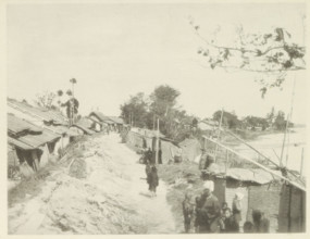 Temporary housing along the Biwajima River in Japan, page, photomechanical print, Japan, cliché