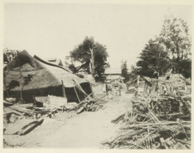 Destroyed buildings along the road to Gifu, page, photomechanical print, Japan, cliché maker: