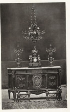 Chest of drawers with a clock and two candlesticks in Louis XVI style, page, photomechanical print,