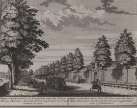 Photo reproduction of a print of a front view of the Spruitenbosch homestead in Haarlem by Hendrik