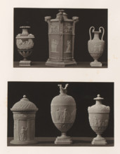 Five vases and a candlestick, photograph, page, photographer: Joseph Cundall, c. 1868 - in or