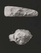 Polished ax and arrowhead of flint, page, photomechanical print, inscription: 'PL.76', monogram: